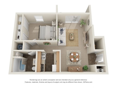Floor plan for 1 bed, 1 bath, 652 sqft